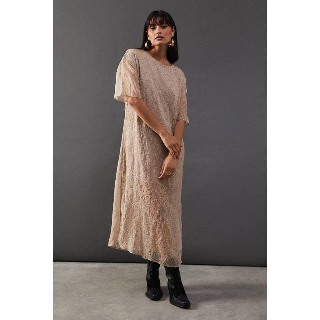 Warehouse womens t-shirt dress khaki sheer organza midaxi short sleeve