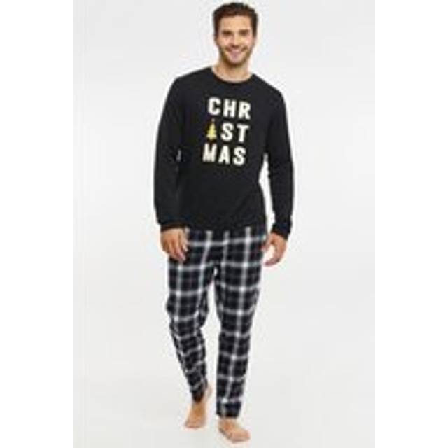 Cotton Long Sleeve Christmas Check Pyjama Set - Black - Small - Threadbare