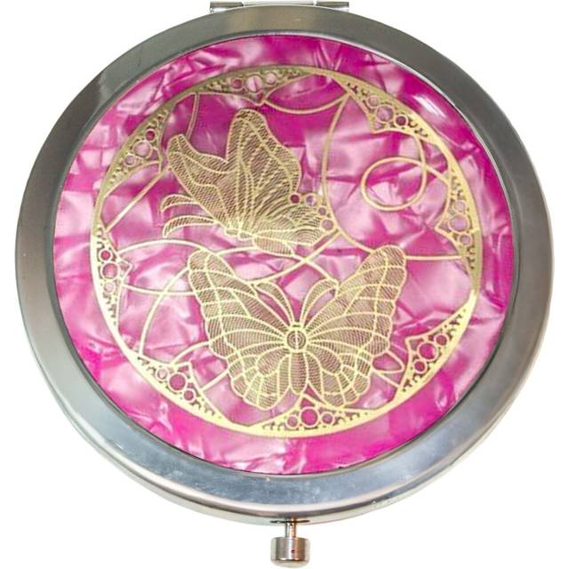 (Butterfly Pink Design ) Compact Round Mirror for Pocket Handbag Folding Makeup Mirror with Dual Magnification Travel Mirror for Women and Girls Uniqu