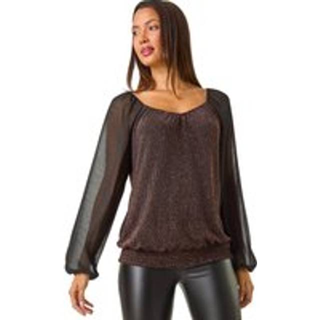 Sparkle Chiffon Sleeve Top - Black - 16