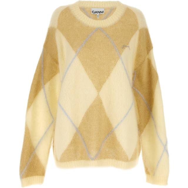 Ganni, Round-neck Knitwear, female, Beige, S, Diamond Motif Wool Jumper