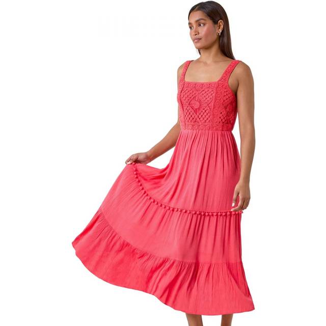 Crochet Detail Cotton Blend Maxi Dress - Red - Size 12 - Roman
