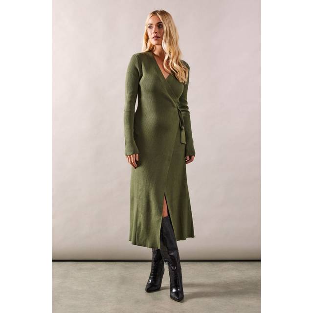 Womens Petite Wrap Belted Knitted Midi Dress - Khaki - S