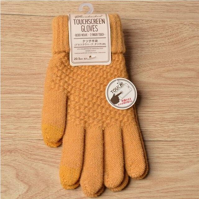(Yellow, One Size) Smart Touchscreen Cashmere Knitted Winter Gloves Women