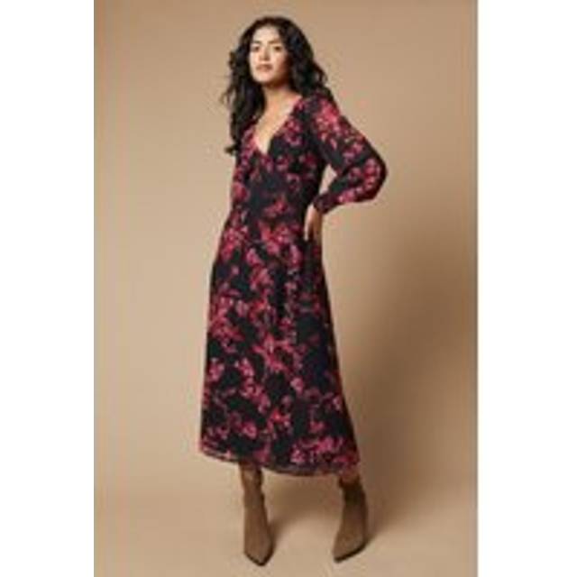 Oasis womens midi dress black floral print v neck long sleeve elegant