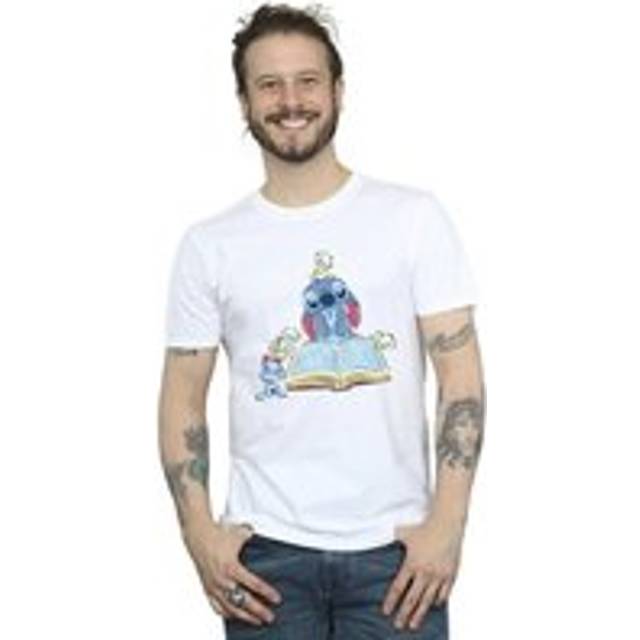 (S, White) Disney Mens Lilo & Stitch Reading A Book T-Shirt