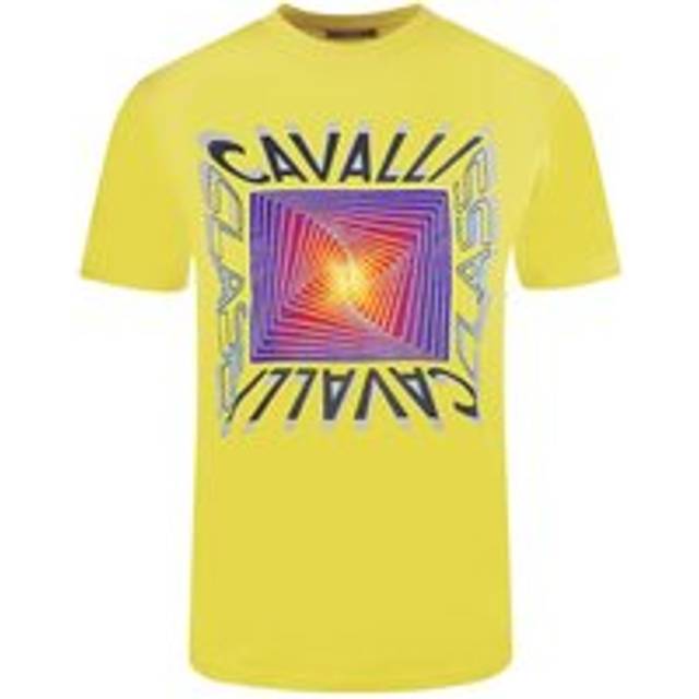 Cavalli Class Mens Asymmetric Box Design Yellow T-Shirt Cotton - Size Medium