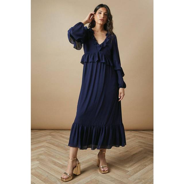 Oasis womens a-line dress flowy chiffon midi navy ruffle neck long sleeve