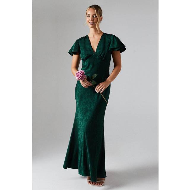 Oasis Womens Maxi Dress Emerald V Neck Angel Sleeve Satin Jacquard Bridesmaids