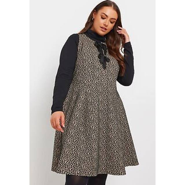Yours Curve Brown Leopard Print Bow Tie Pinafore Dress, Women's Curve & Plus Size, Yours - 26-28