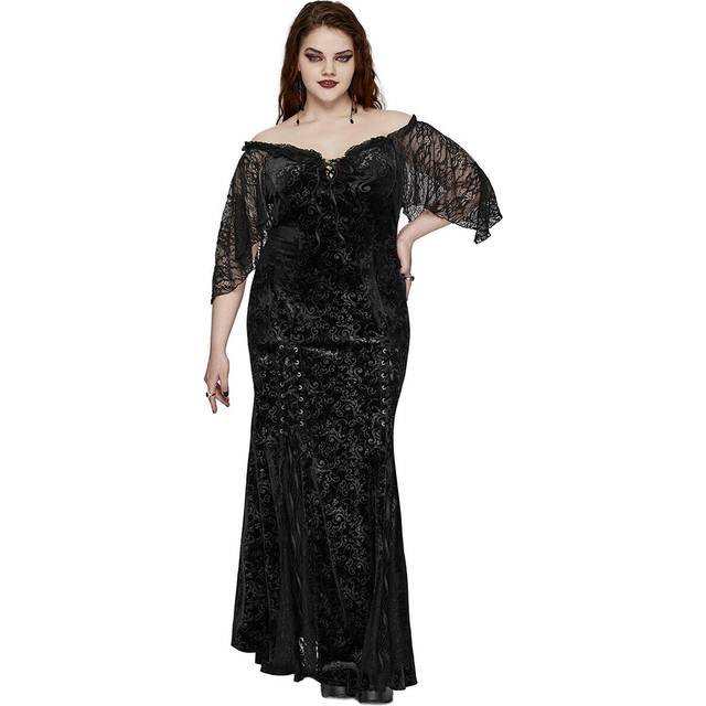 Punk rave plus size womens gothic embossed velvet off-shoulder maxi dress black