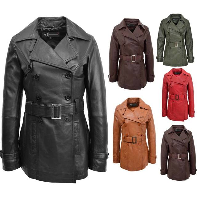 Womens soft leather trench coat double breasted slim fit mid length 6 colours