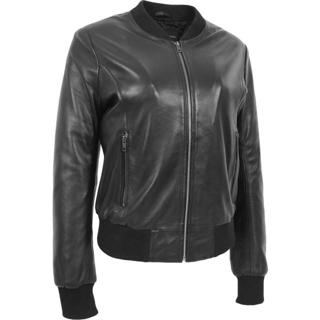 (Black, 8) Womens Leather Bomber Jacket Black Zip Fasten Fitted Varsity Joy