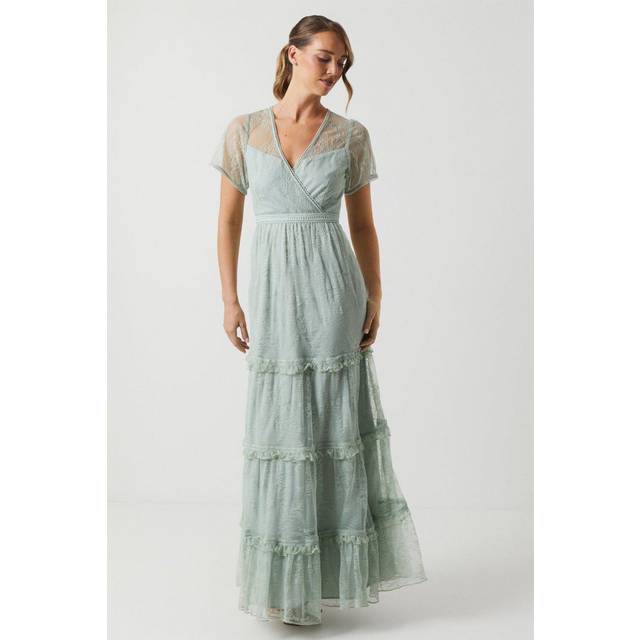 Delicate Lace Trim Insert Tiered Maxi Bridesmaid Dress - Sage - 10