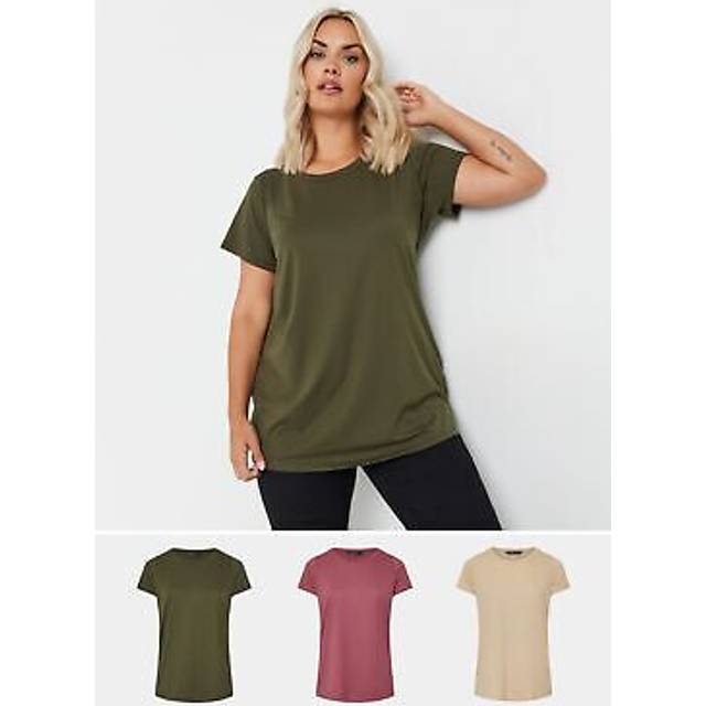 Yours Curve 3 Pack Natural Brown & Green Core Tshirts, Women's Curve & Plus Size, Yours - 38-40