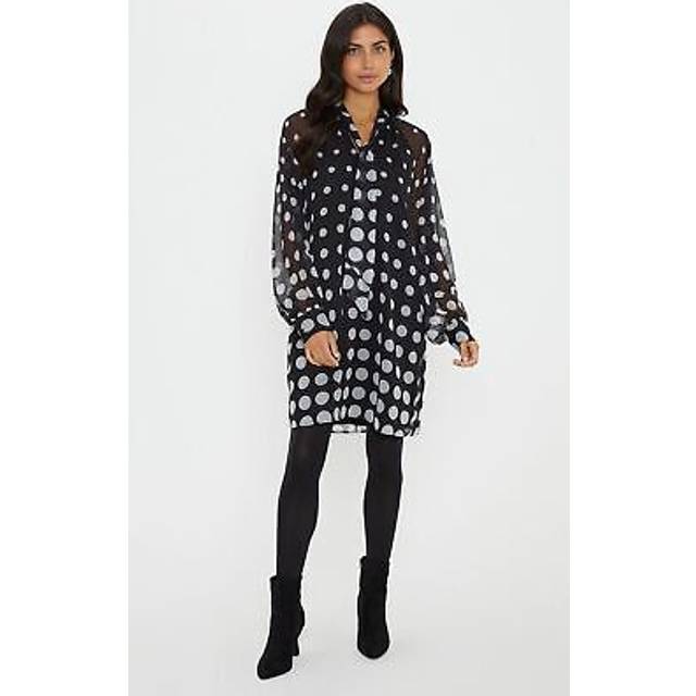 Womens Spot Tie Neck Balloon Sleeve Shift Dress - Black - 8