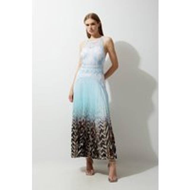 Guipure Lace Printed Pleated Racer Woven Maxi Dress - Blue