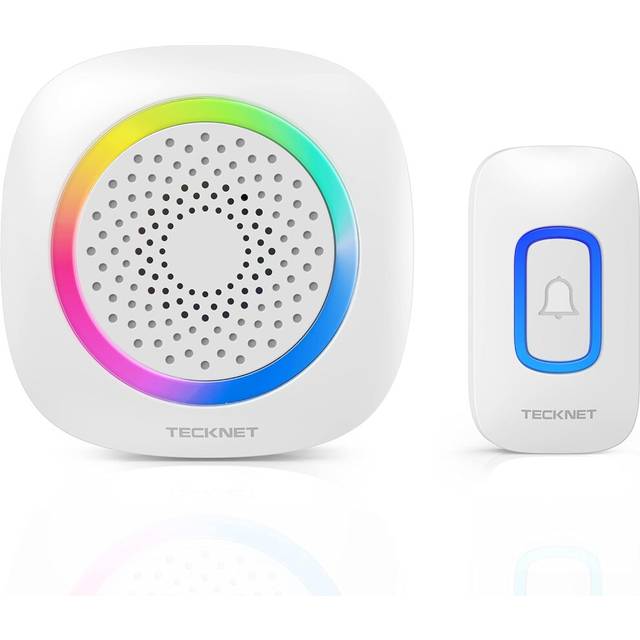 (White, 1 Receiver 1 Sender) TECKNET Wireless Doorbell, Battery Powered Doorbell with RGB Light, IP66 Waterproof Portable Cordless Door Chime Kit, 400