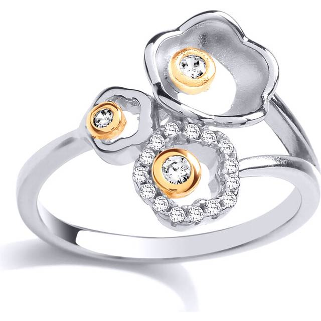 (P) Jewelco London Ladies Rhodium & Yellow Gold-Plated Sterling Silver Cubic Zirconia Daisy Flowers Cluster Ring