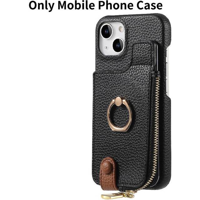 (Black 16) Plus For 16 Pro Max Flip Zipper Card Wallet Mobile Phone Case With Ring
