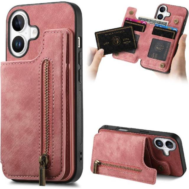 (Pink) Case for iphone 16 Plus Foldable Back Cover Vintage Zipper Wallet Stand Function