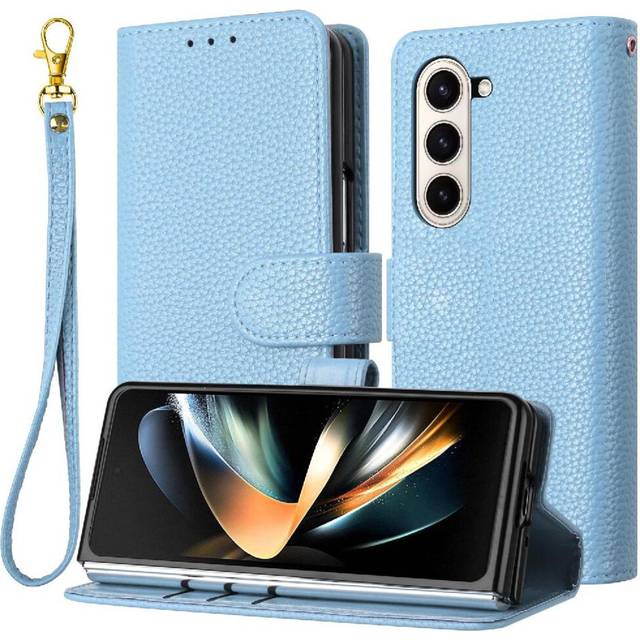 (Light blue) Phone Case for Samsung Galaxy Z Fold 6 Wallet Litchi Pattern Card Slots Holder Flip Folio Pu Lether