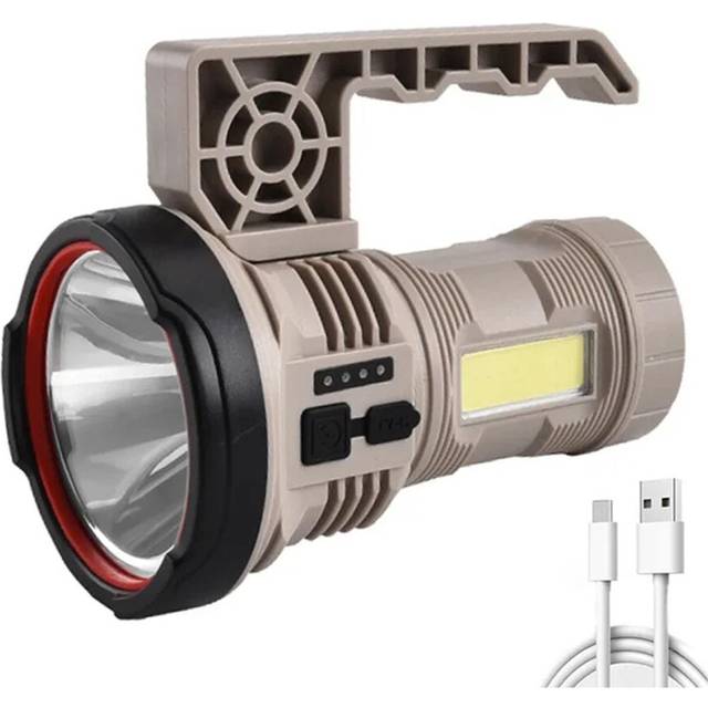 Chronus LED Searchlight Portable Camping Flashlight with Side Light USB Charging Rechargeable Waterproof Torch Outdoor Long Range Flood Lantern(Khaki)