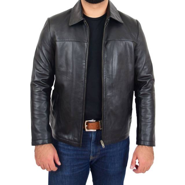 Mens real leather box jacket soft zip up casual smart classic relaxed fit -james