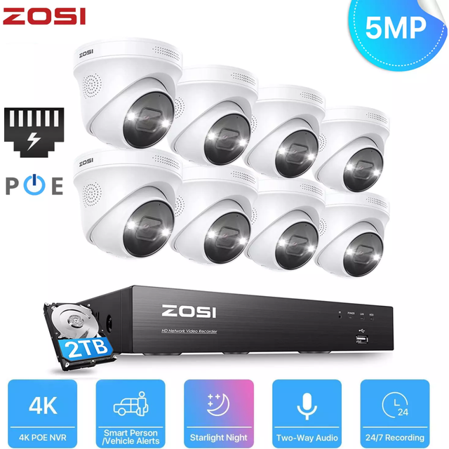 ZOSI 5MP POE CCTV Camera Security System Outdoor 4K NVR 2TB ColorVu