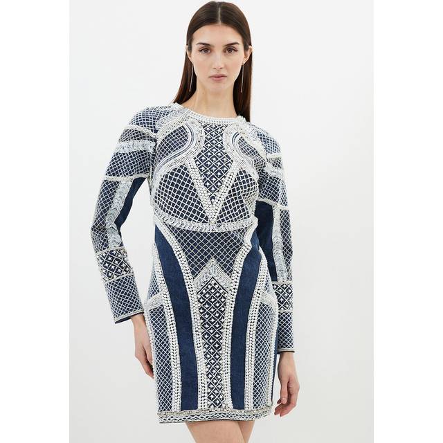 Embellished Pearl Long Sleeve Mini Dress - Denim
