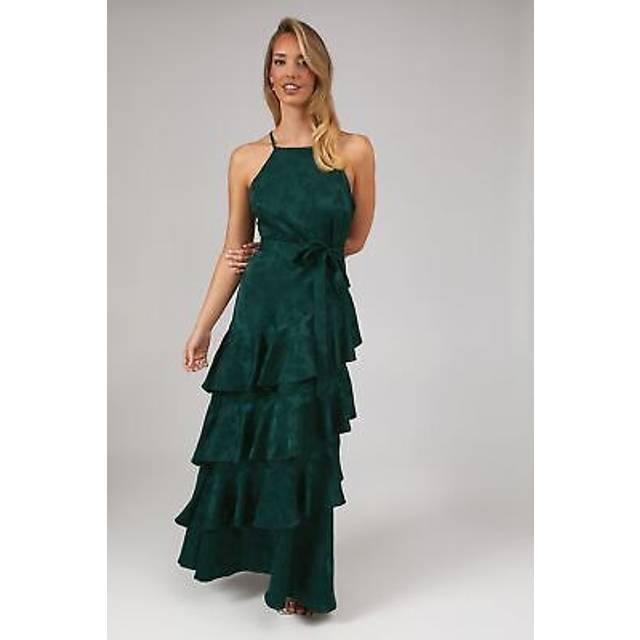 Oasis womens bridesmaids dress emerald satin jacquard halter neck elegant