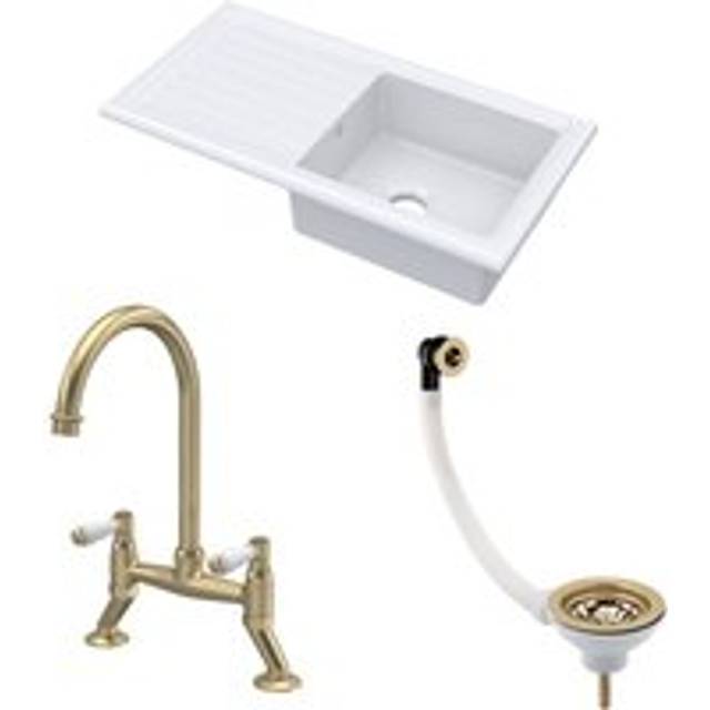 Fireclay Kitchen Bundle - Single Bowl Sink & Drainer, Waste & Bridge Lever Tap, 1010mm - Brushed Brass - Balterley
