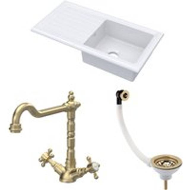 Fireclay Kitchen Bundle - Single Bowl Sink & Drainer, Waste & French Classic Tap, 1010mm - Brushed Brass - Balterley