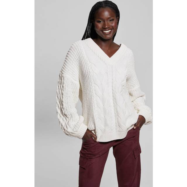 Guess Cable-Knit-V-Neck Sweater - White - M
