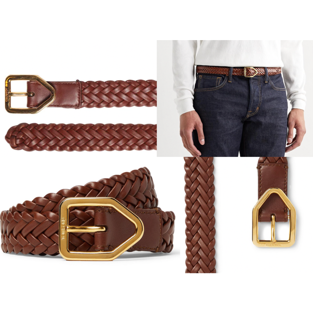 Tom ford lozerna woven leather belt 25mm gold buckle iconic brown 110