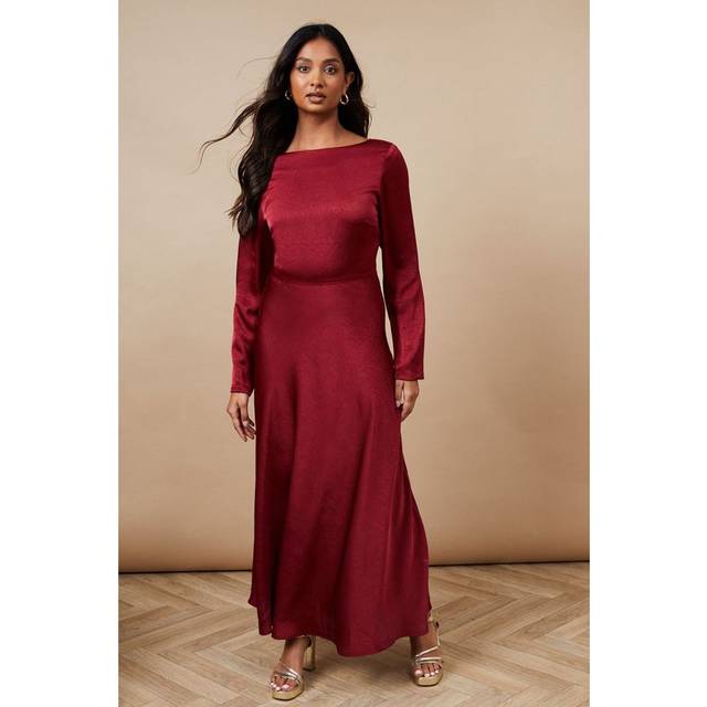 Oasis Womens Crinkle Satin Cowl Back Midaxi Dress - Dark Red - Size 8 UK