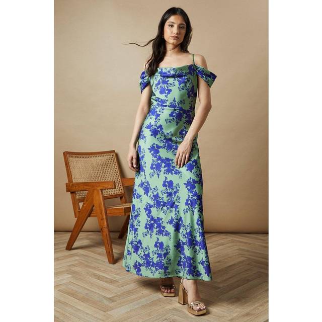 Oasis Womens Occasion Floral Cold Shoulder Satin Maxi Dress - Green - Size 10 UK