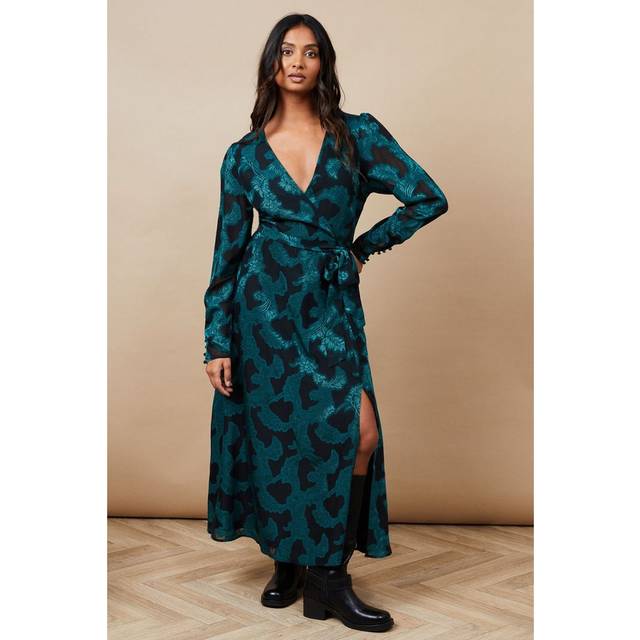 Oasis womens wrap dress teal jacquard chiffon spring summer midi