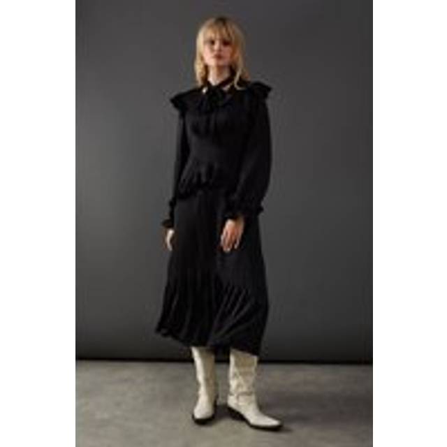 Warehouse Womens Midi Dress Black Satin Tie Neck Ruffle Spring Summer