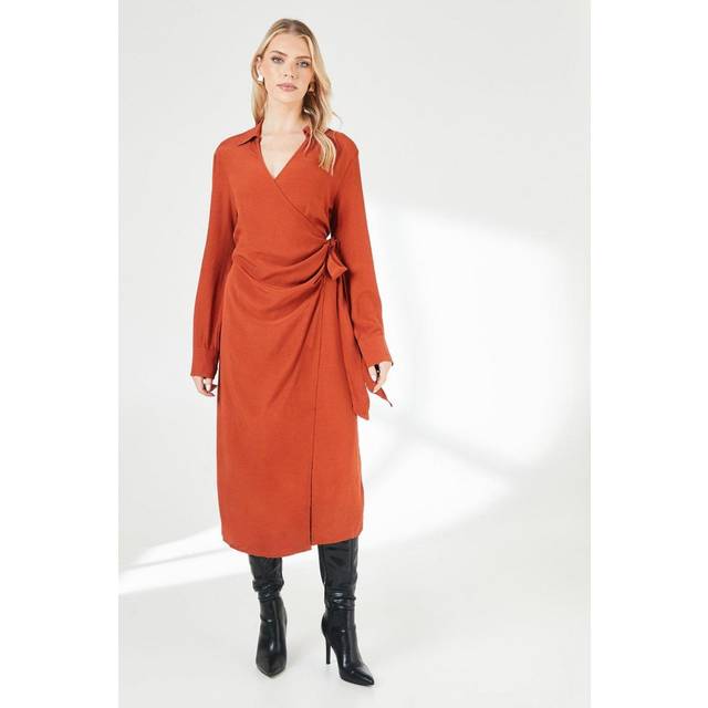 Principles womens wrap dress rust collared belt detail long sleeve midi