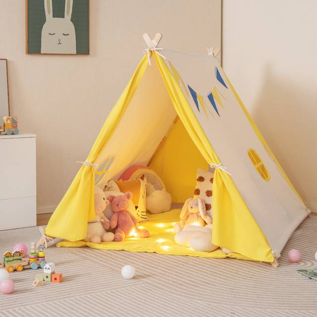 Kids Play Tent Cotton Canvas Playhouse Toddler Castle Tent W/ Solid Wood Frame