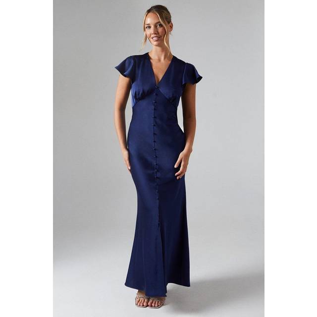 Oasis Womens Button Detail V Neck Satin Bridesmaids Midaxi Dress - Navy - Size 10 UK
