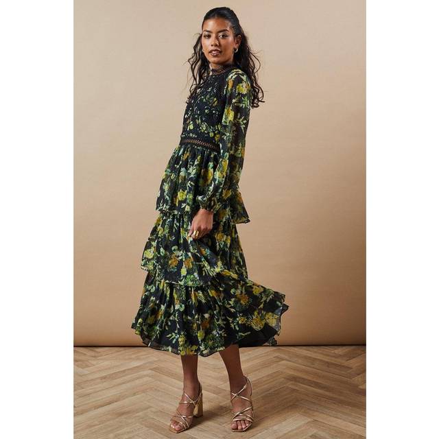 Oasis Womens Petite Occasion Floral Lace Trim Dobby Chiffon Tiered Midaxi Dress - Black - Size 12 UK