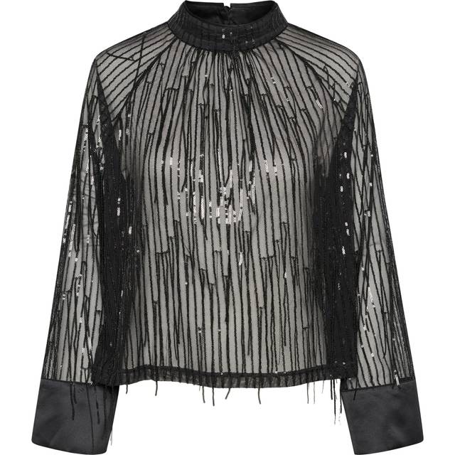 Saint Tropez Halema Sequin Fringe Semi Sheer Blouse, Black