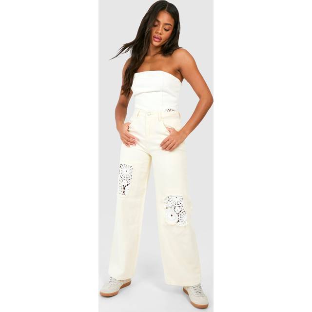 Womens Crochet Mix Wide Leg Jeans - Cream - 10