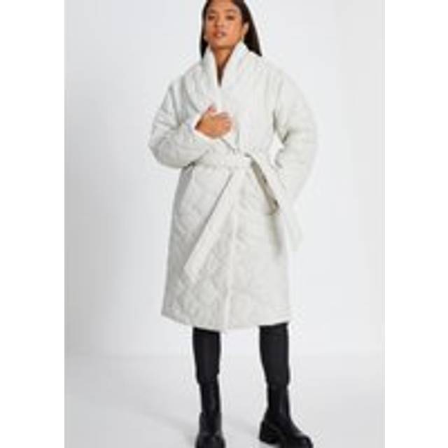 Womens Off White Petite Quilted Long Line Coat - Tan - 12
