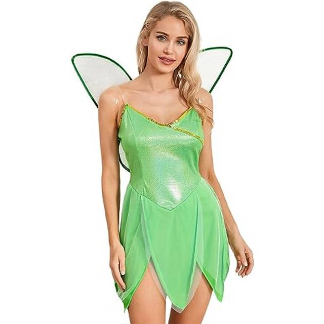 Women's Forest Fairy Costume Pretty Pixie Princess Cosplay Sexy Tube Dress with Wings Halloween Party Dress (A-Green, XL)