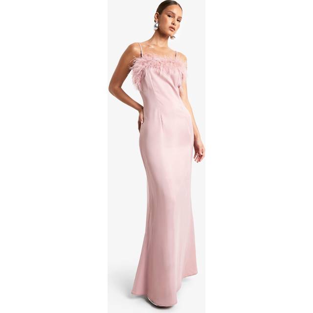 Womens Feather Trim Satin Maxi Slip Dress - Pink - 12, Pink
