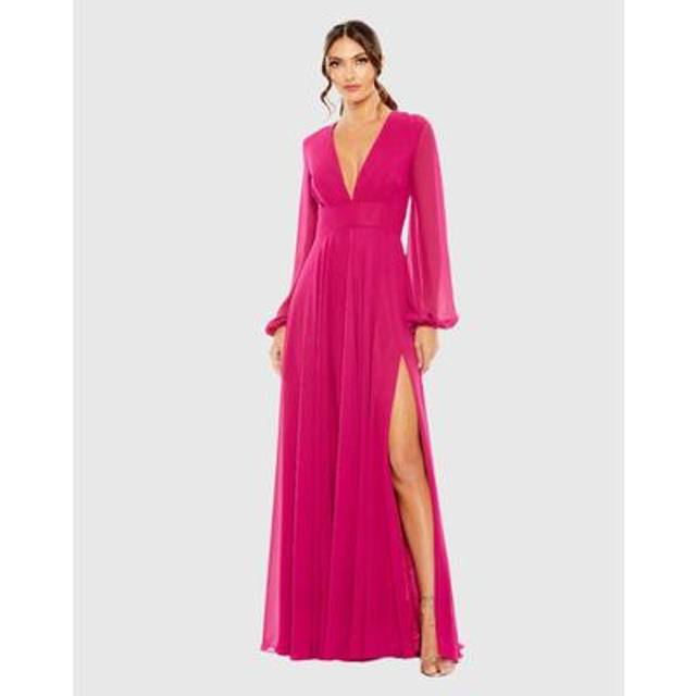 Mac Duggal V-Neck Illusion Long Sleeve Chiffon Gown