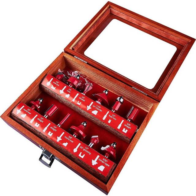 "12pc 1/4"" Professional Shank TCT Tipped Router Bit Set With Wooden Case F3700A"